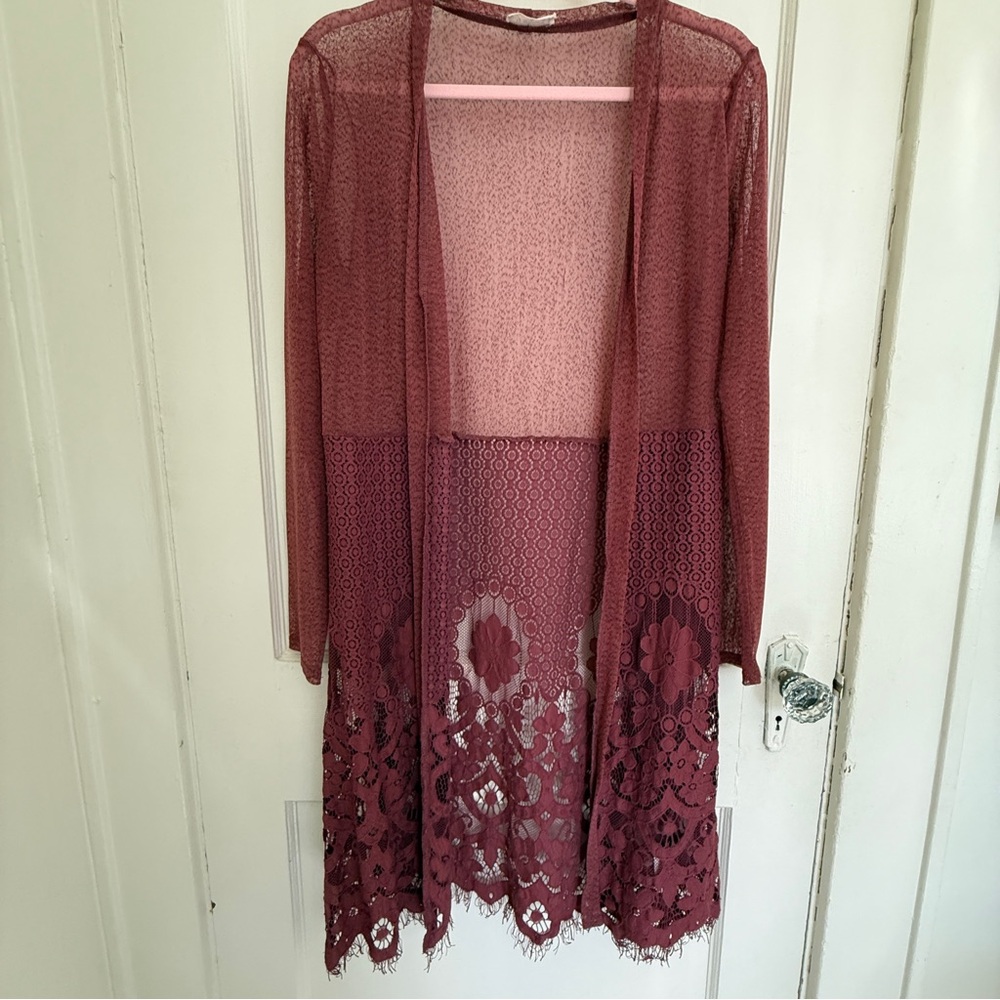 Ember Burgundy Lace Longline Duster Cardigan Size M - Picture 1 of 9